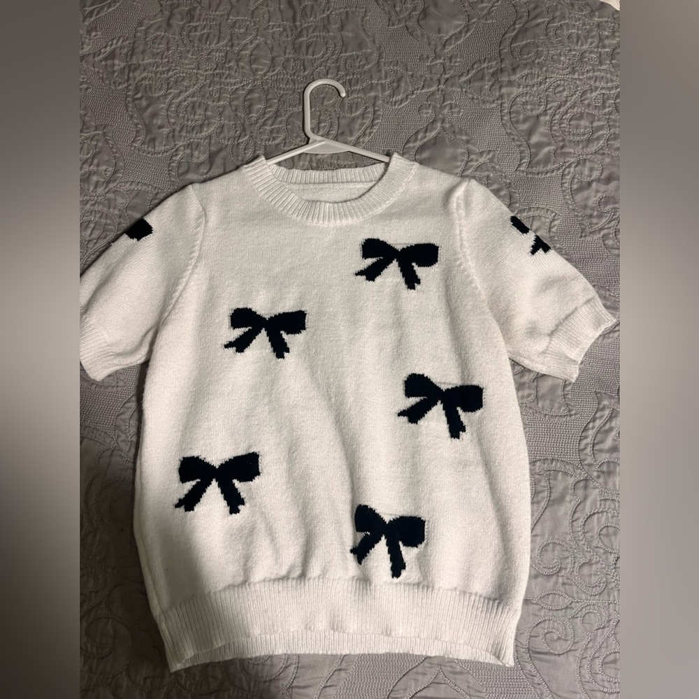 White Sweater Top with Black Bows